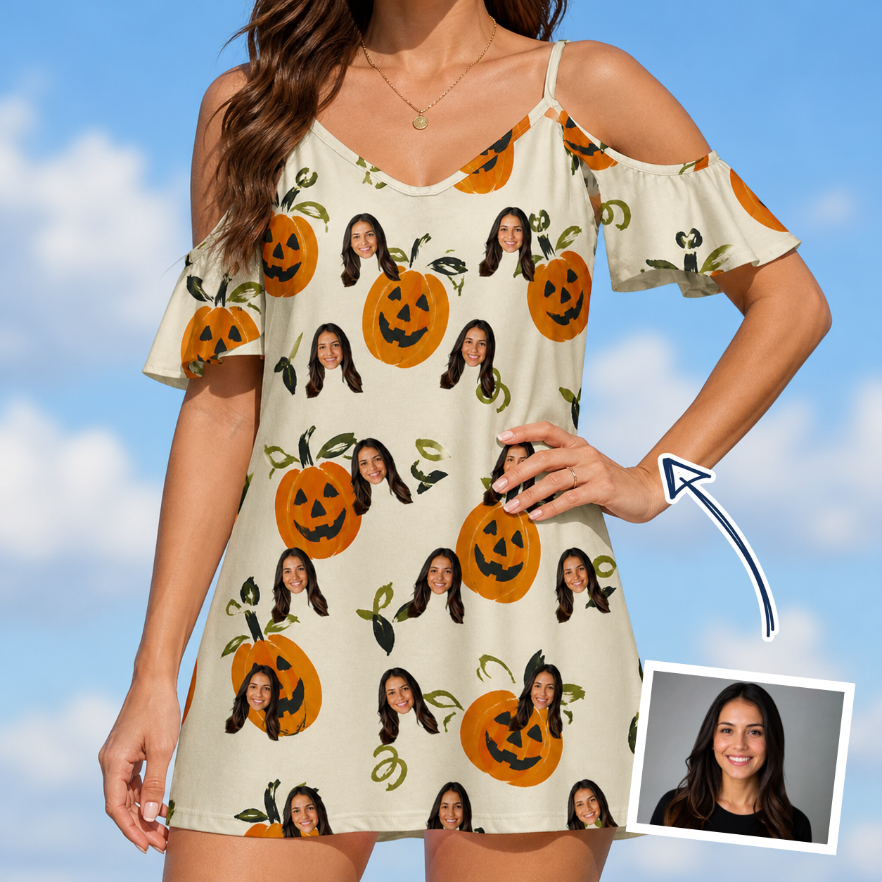 Woman wearing Women's Carved Chuckles Custom Face Off-Shoulder Dress — custom faces printed all-over