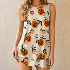 Model wearing Women's Carved Chuckles Custom Face Tank Dress printed with kids' faces