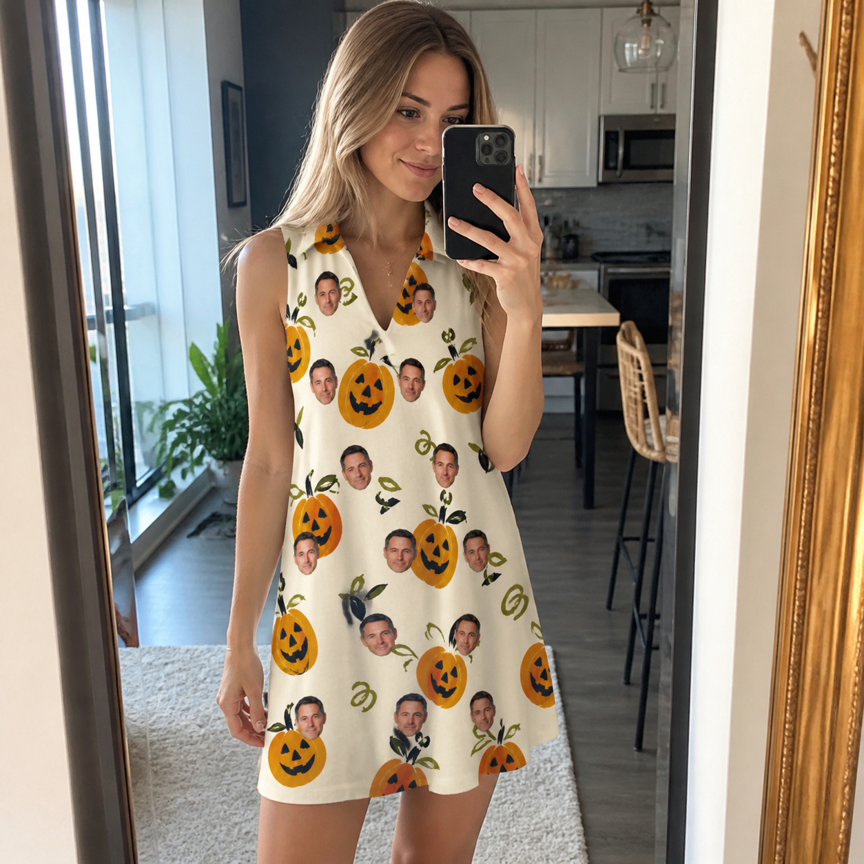 Real-life photo of someone wearing Women's Carved Chuckles Custom Face V-Neck Dress — custom faces printed all-over