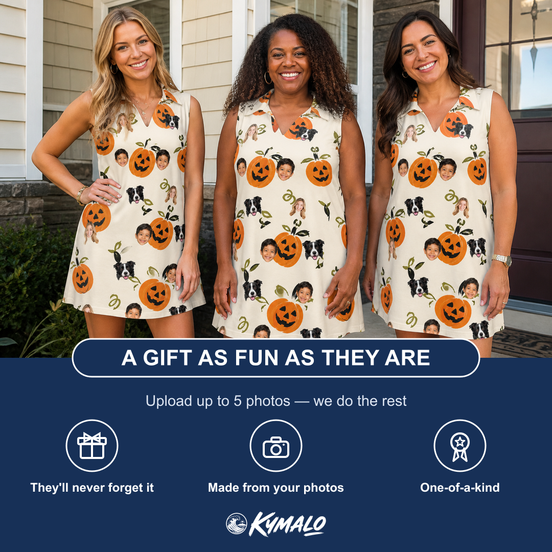 Friends in matching Women's Carved Chuckles Custom Face V-Neck Dress — a group gift photo
