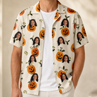 Man wearing Men's Carved Chuckles Custom Face Hawaiian Shirt open over a white tee