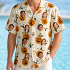 Model wearing Men's Carved Chuckles Custom Face Hawaiian Shirt printed with kids' faces