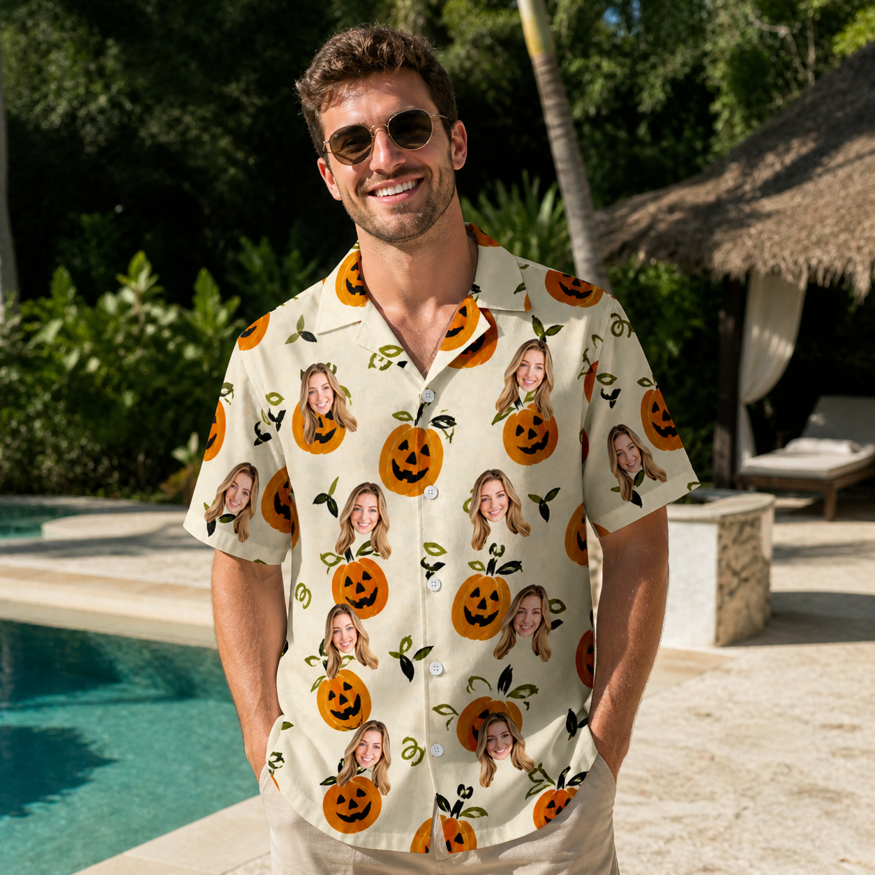 Real-life photo of someone wearing Men's Carved Chuckles Custom Face Hawaiian Shirt — custom faces printed all-over