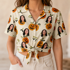 Woman wearing Women's Carved Chuckles Custom Face Hawaiian Shirt tied at the waist
