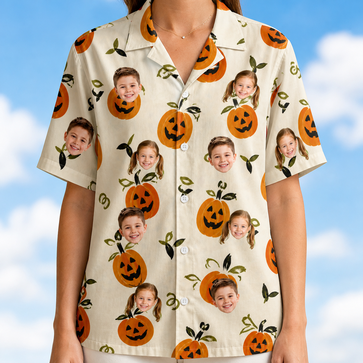 Model wearing Women's Carved Chuckles Custom Face Hawaiian Shirt printed with kids' faces