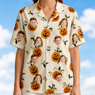 Model wearing Women's Carved Chuckles Custom Face Hawaiian Shirt printed with kids' faces