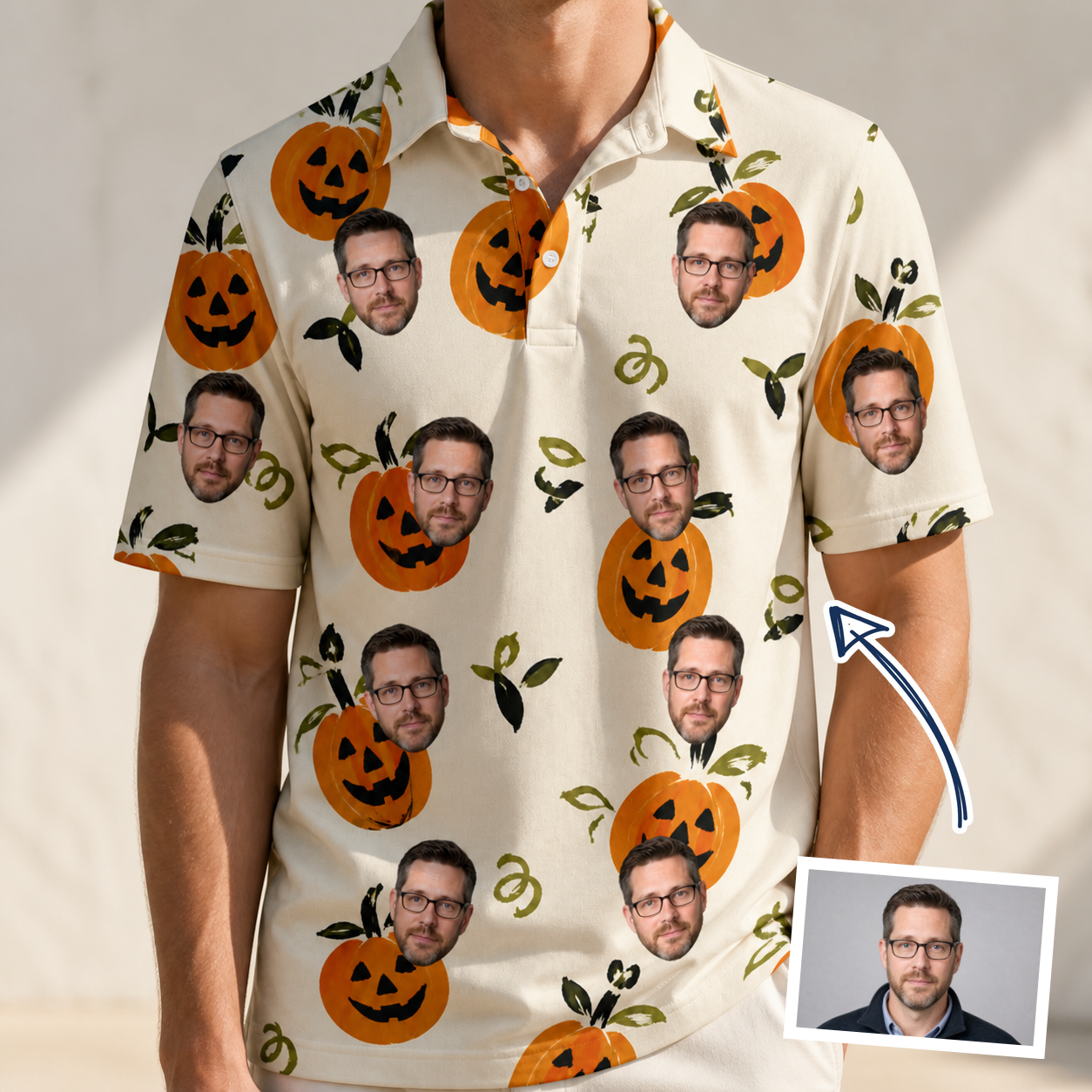 Man wearing Men's Carved Chuckles Custom Face Polo Shirt — custom faces printed all-over