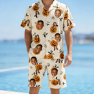 Model wearing Men's Carved Chuckles Custom Face Shirt & Shorts Set printed with kids' faces