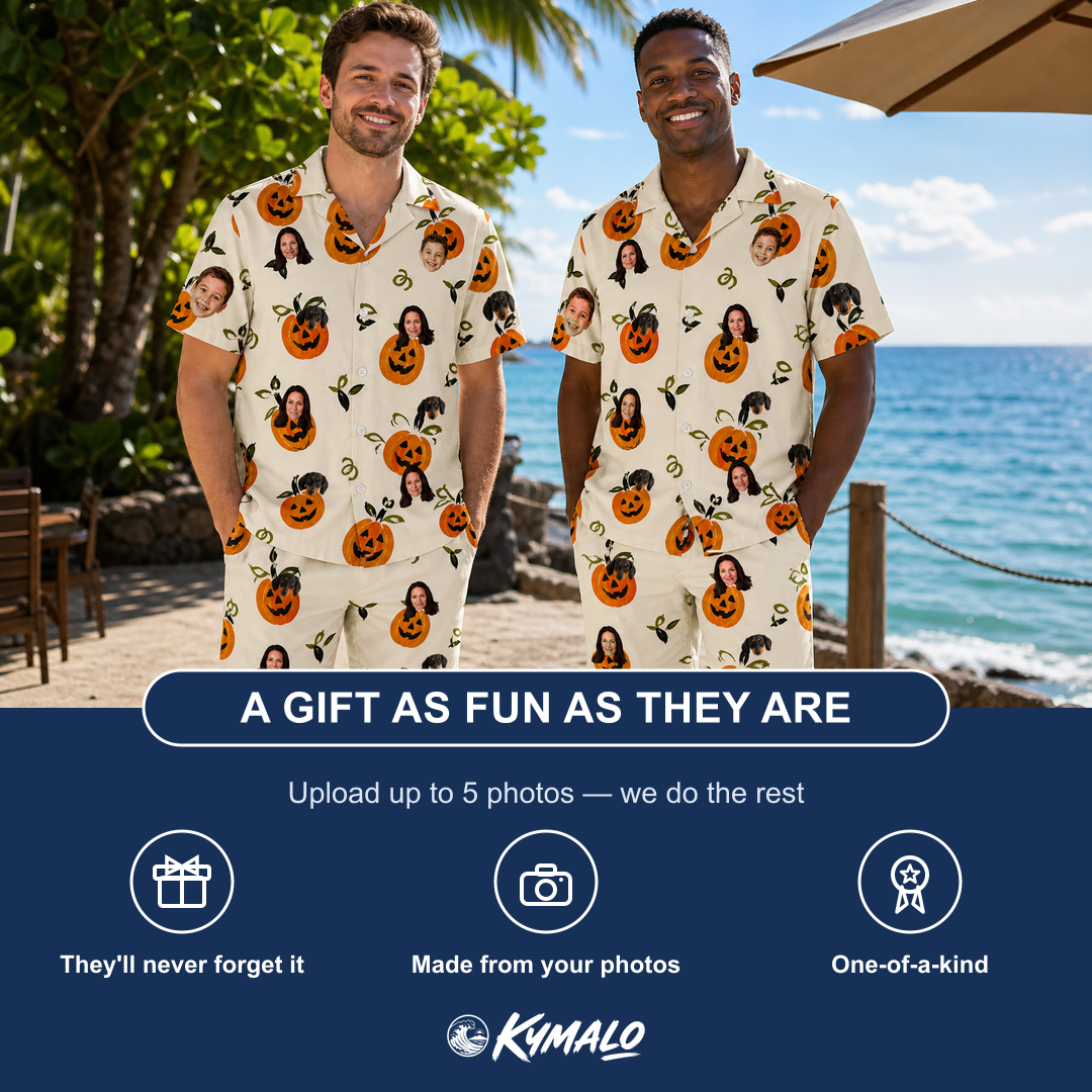 Friends in matching Men's Carved Chuckles Custom Face Shirt & Shorts Set — a group gift photo