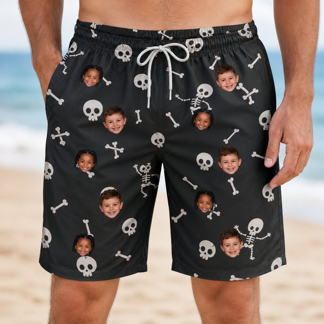 Model wearing Men's Rattle Rascals Custom Face Beach Shorts printed with kids' faces