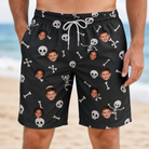 Model wearing Men's Rattle Rascals Custom Face Beach Shorts printed with kids' faces