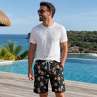 Real-life photo of someone wearing Men's Rattle Rascals Custom Face Beach Shorts — custom faces printed all-over