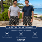 Friends in matching Men's Rattle Rascals Custom Face Beach Shorts — a group gift photo