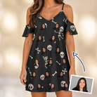 Woman wearing Women's Rattle Rascals Custom Face Off-Shoulder Dress — custom faces printed all-over