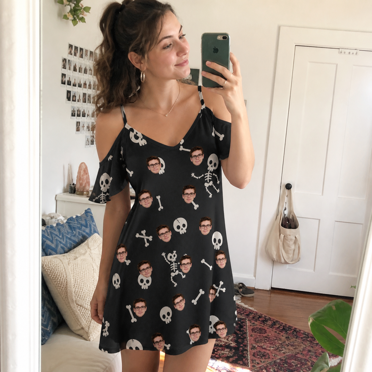 Real-life photo of someone wearing Women's Rattle Rascals Custom Face Off-Shoulder Dress — custom faces printed all-over