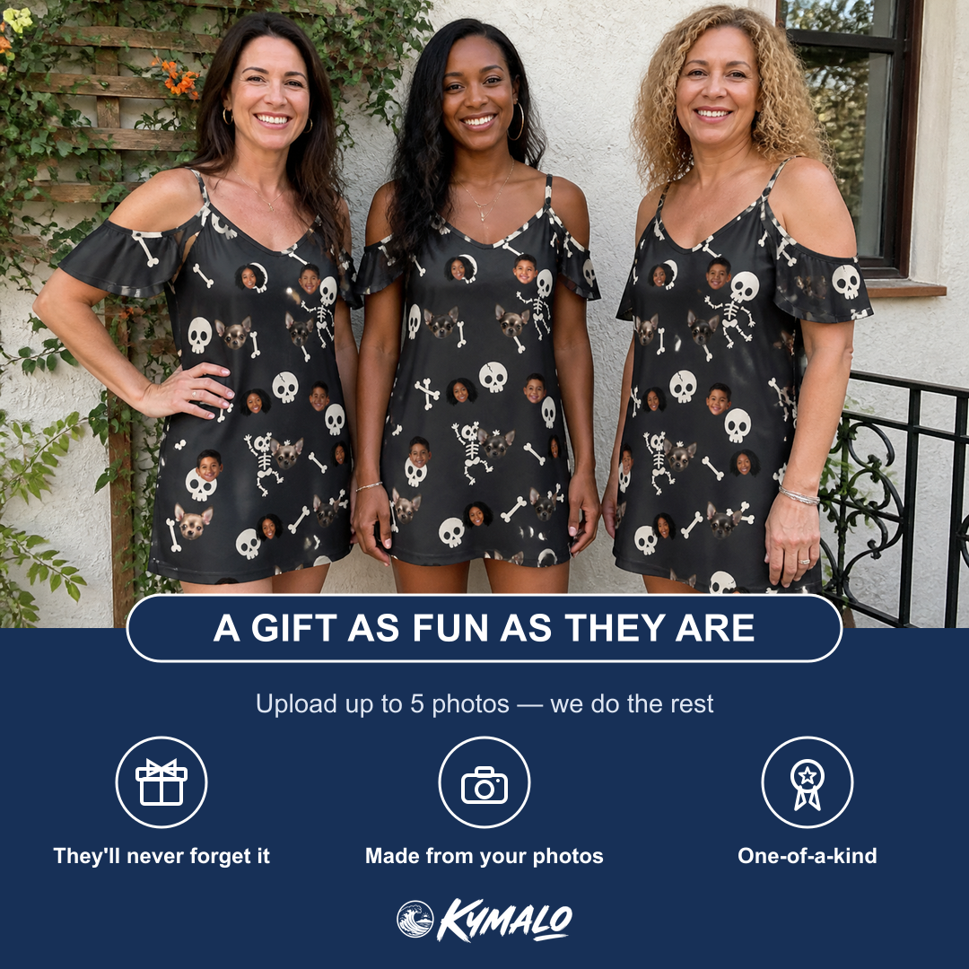 Friends in matching Women's Rattle Rascals Custom Face Off-Shoulder Dress — a group gift photo