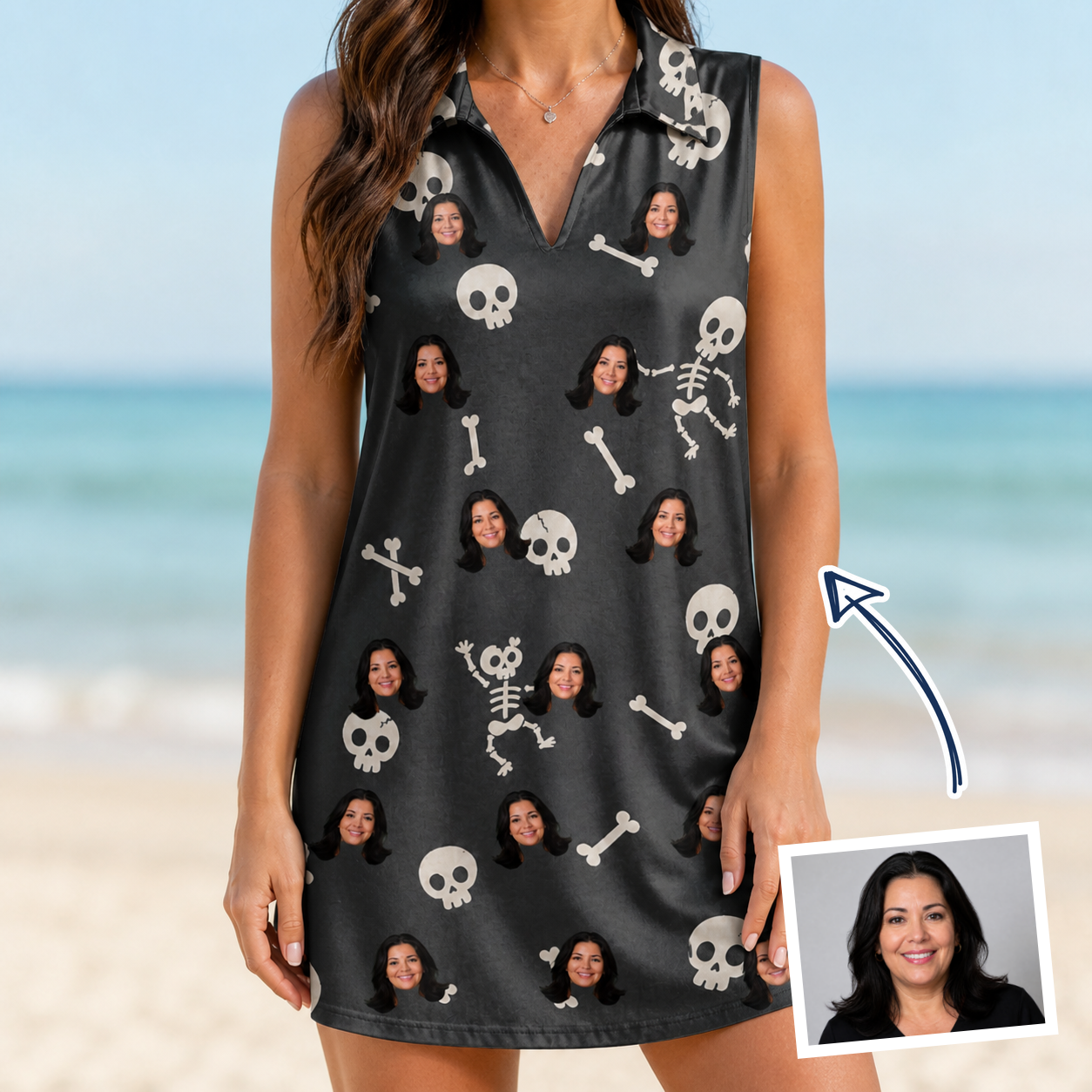 Woman wearing Women's Rattle Rascals Custom Face V-Neck Dress — custom faces printed all-over