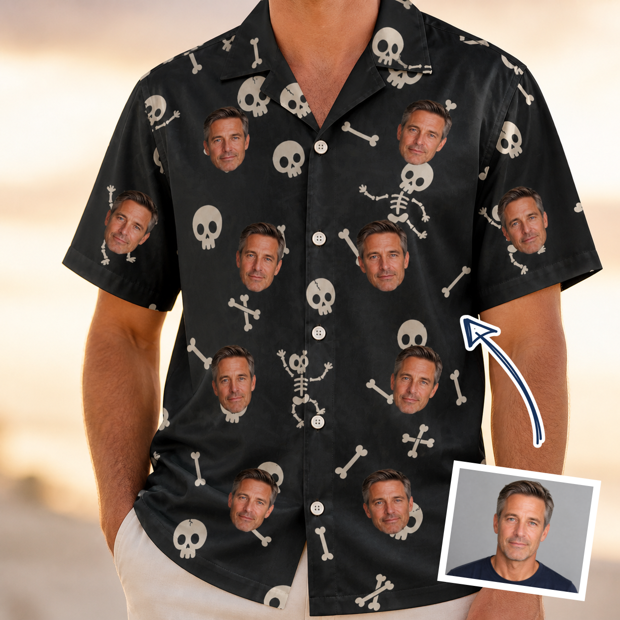 Man wearing Men's Rattle Rascals Custom Face Hawaiian Shirt — custom faces printed all-over