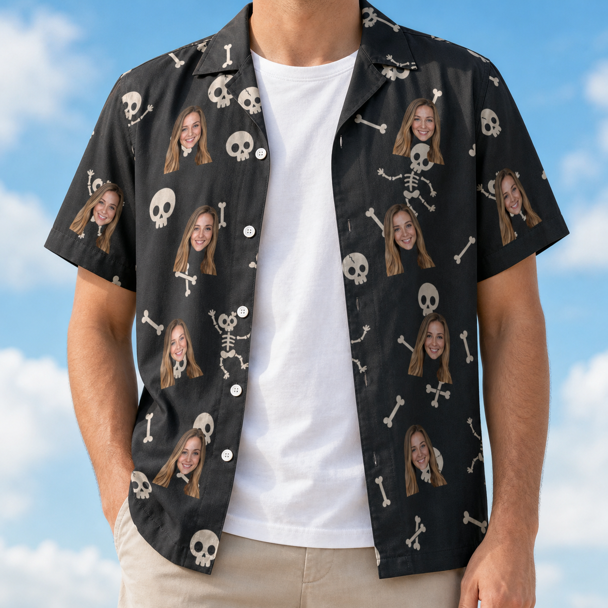 Man wearing Men's Rattle Rascals Custom Face Hawaiian Shirt open over a white tee