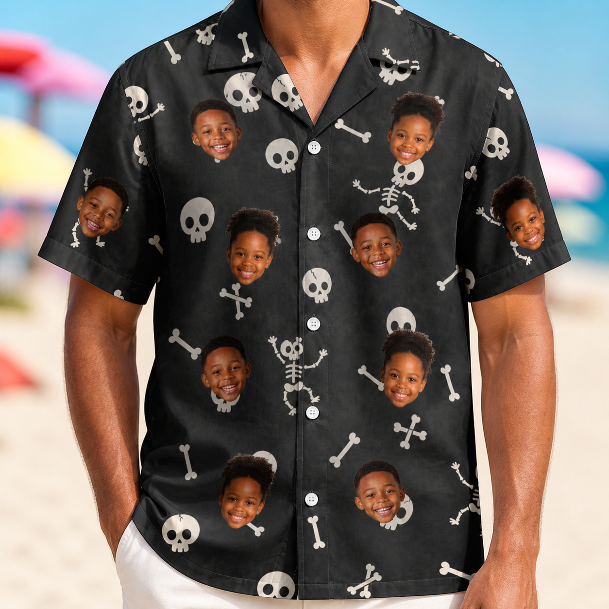 Model wearing Men's Rattle Rascals Custom Face Hawaiian Shirt printed with kids' faces