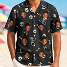 Model wearing Men's Rattle Rascals Custom Face Hawaiian Shirt printed with kids' faces