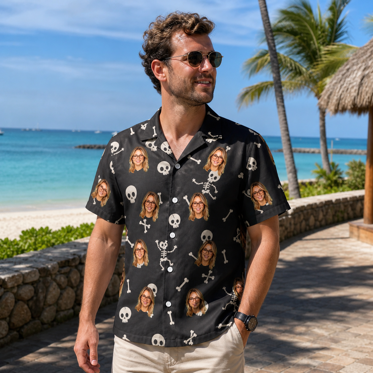 Real-life photo of someone wearing Men's Rattle Rascals Custom Face Hawaiian Shirt — custom faces printed all-over