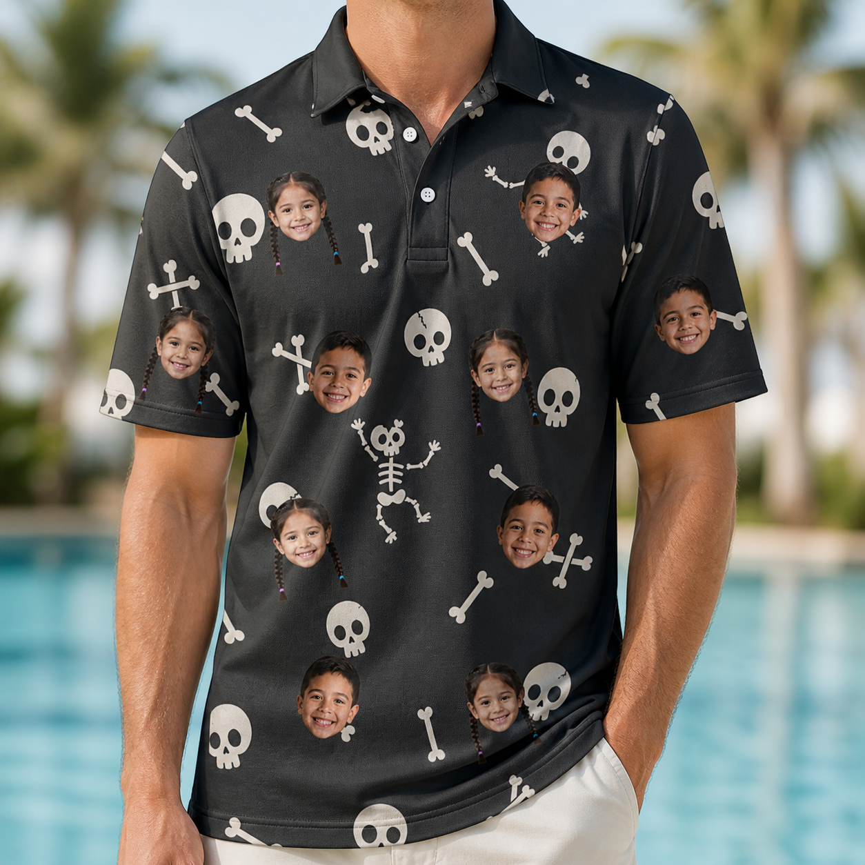 Model wearing Men's Rattle Rascals Custom Face Polo Shirt printed with kids' faces