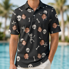 Model wearing Men's Rattle Rascals Custom Face Polo Shirt printed with kids' faces