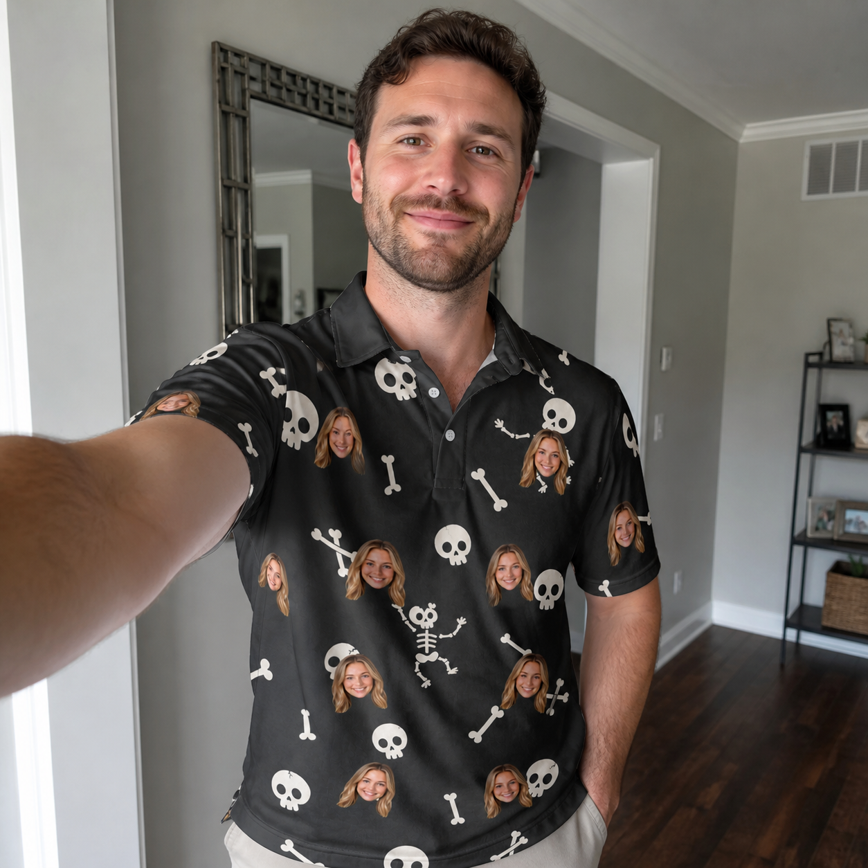 Real-life photo of someone wearing Men's Rattle Rascals Custom Face Polo Shirt — custom faces printed all-over