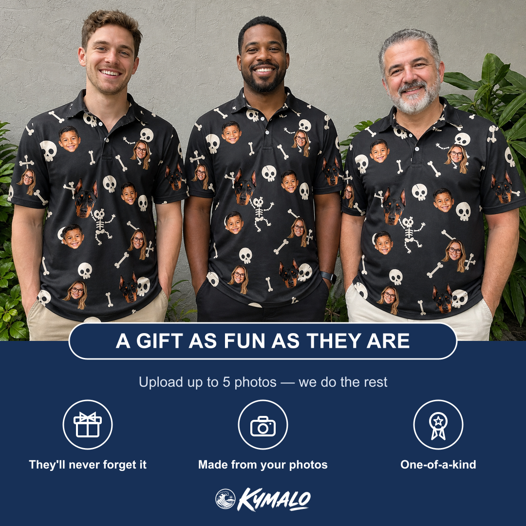 Friends in matching Men's Rattle Rascals Custom Face Polo Shirt — a group gift photo