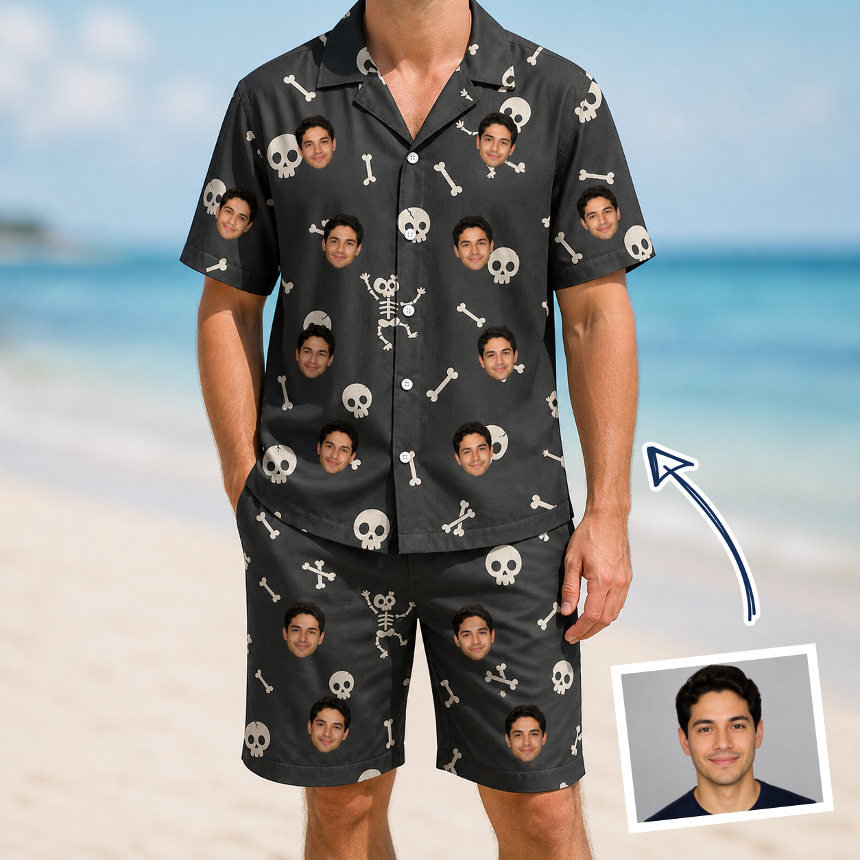 Man wearing Men's Rattle Rascals Custom Face Shirt & Shorts Set — custom faces printed all-over