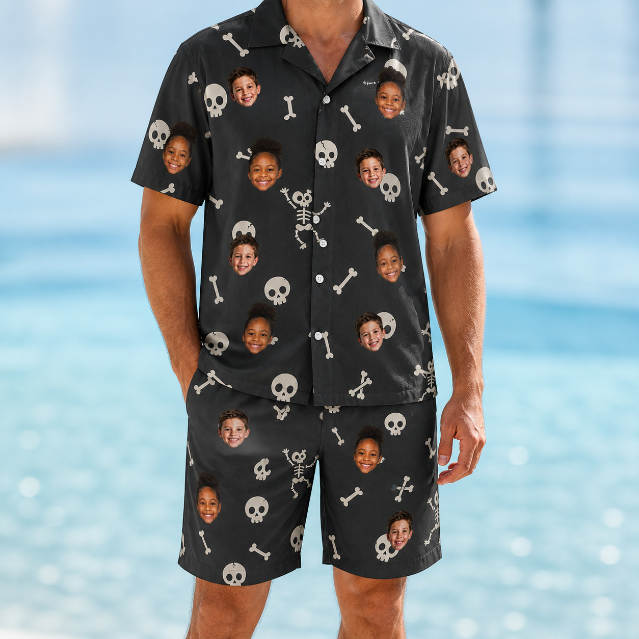 Model wearing Men's Rattle Rascals Custom Face Shirt & Shorts Set printed with kids' faces