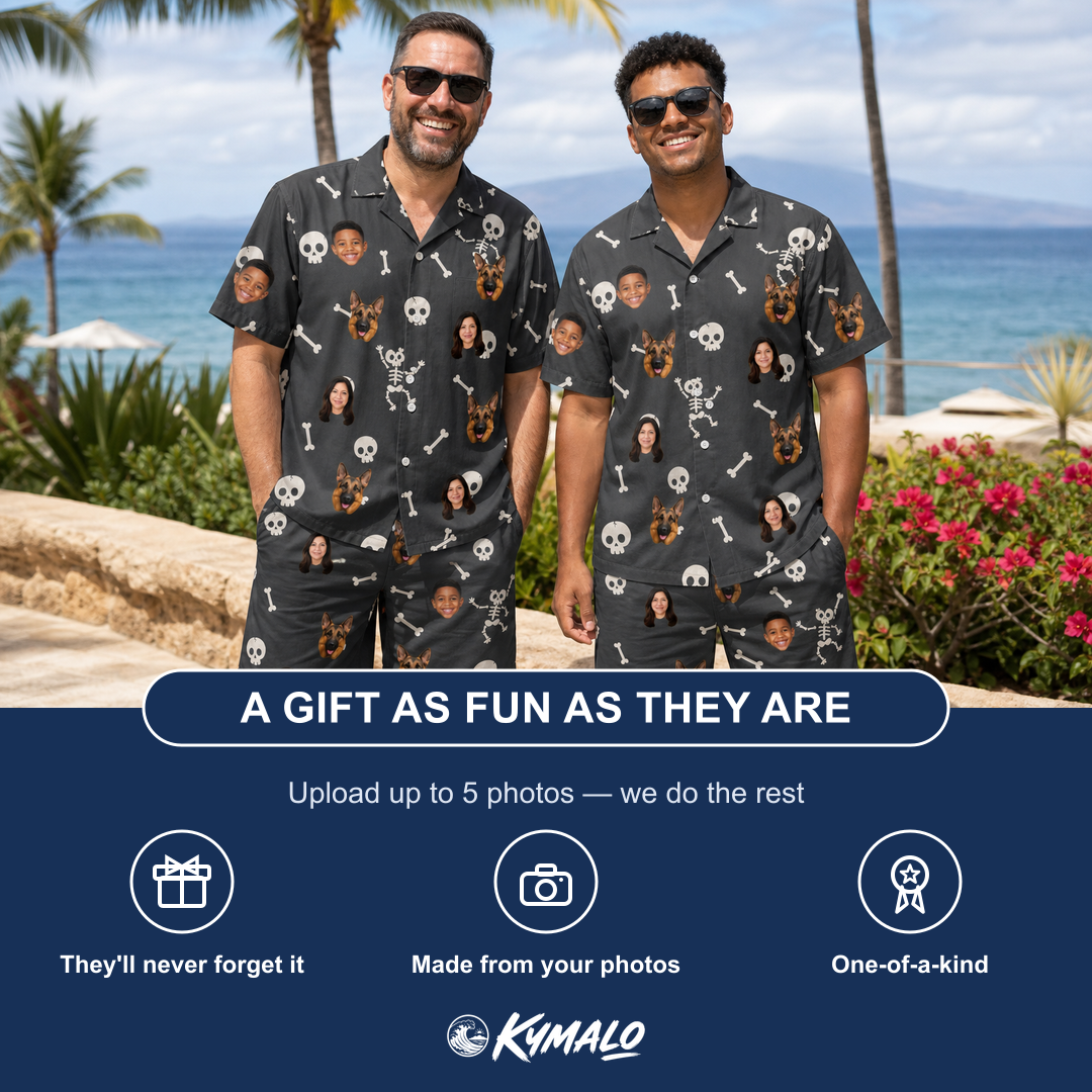 Friends in matching Men's Rattle Rascals Custom Face Shirt & Shorts Set — a group gift photo