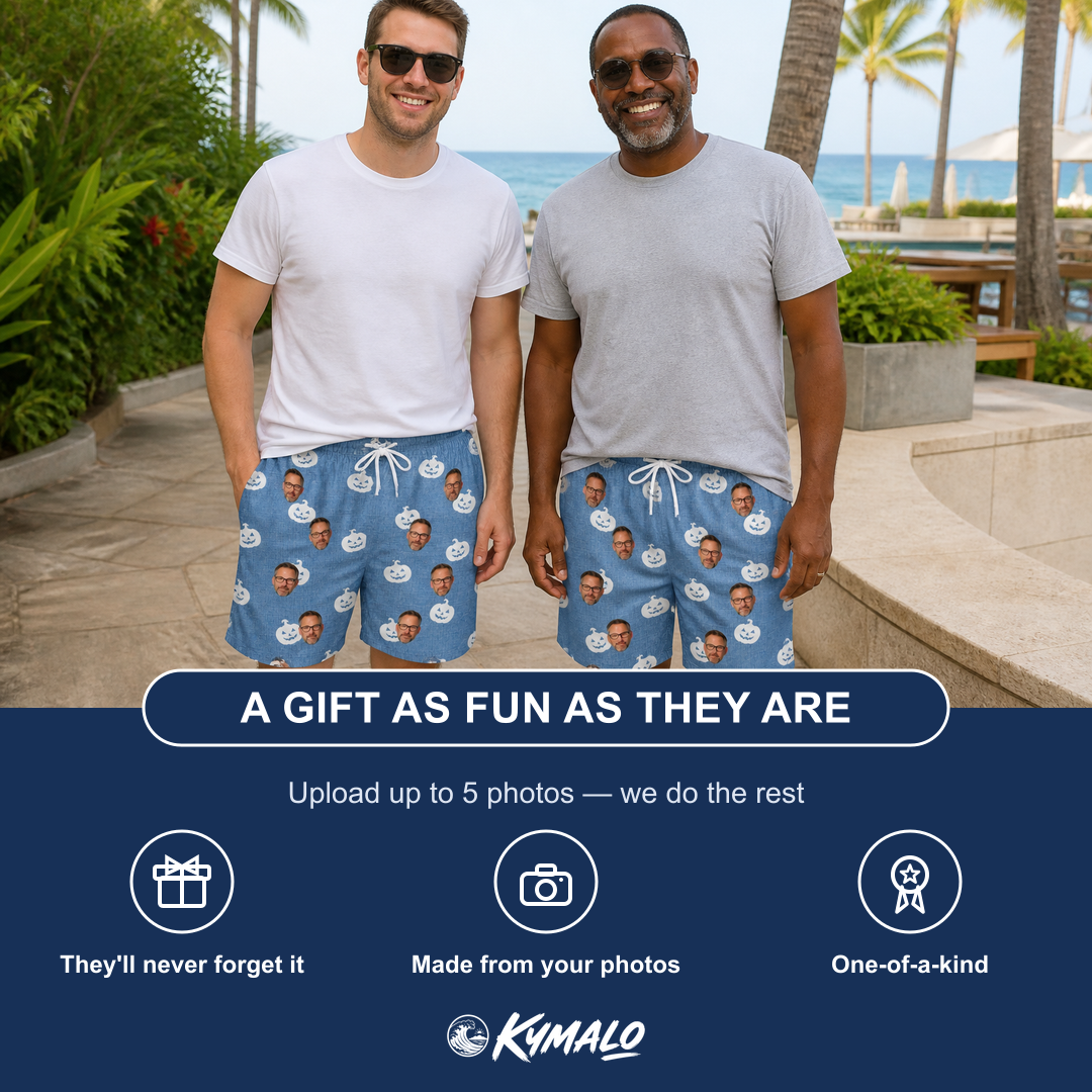 Friends in matching Men's Autumn Orbs Custom Face Beach Shorts — a group gift photo