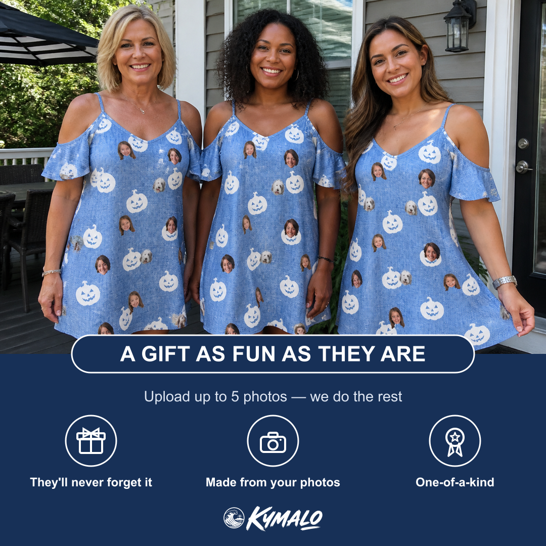 Friends in matching Women's Autumn Orbs Custom Face Off-Shoulder Dress — a group gift photo