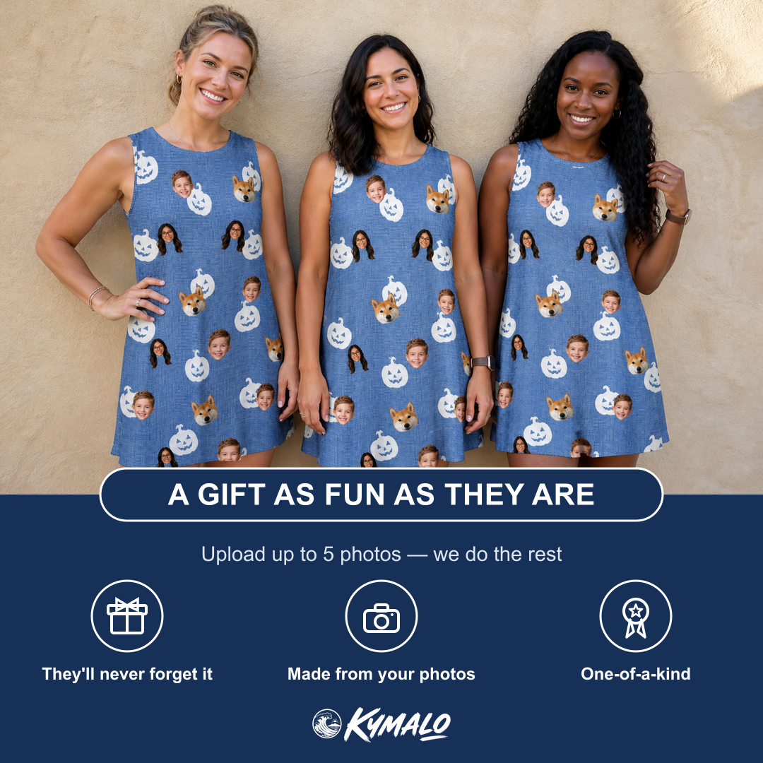 Friends in matching Women's Autumn Orbs Custom Face Tank Dress — a group gift photo