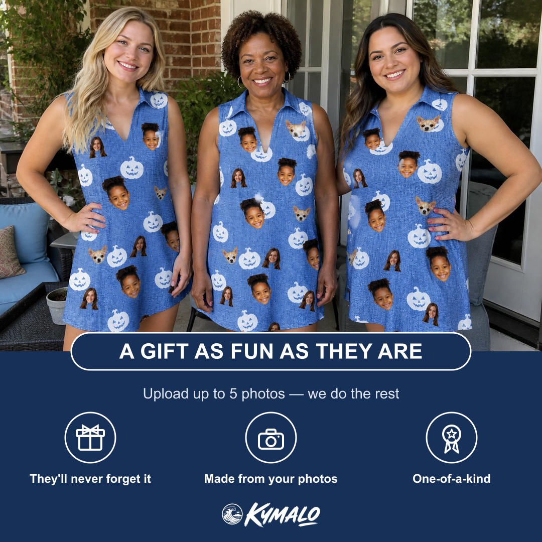 Friends in matching Women's Autumn Orbs Custom Face V-Neck Dress — a group gift photo