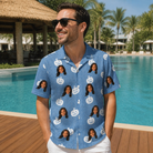 Real-life photo of someone wearing Men's Autumn Orbs Custom Face Hawaiian Shirt — custom faces printed all-over