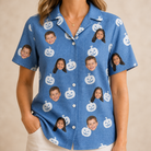 Model wearing Women's Autumn Orbs Custom Face Hawaiian Shirt printed with kids' faces