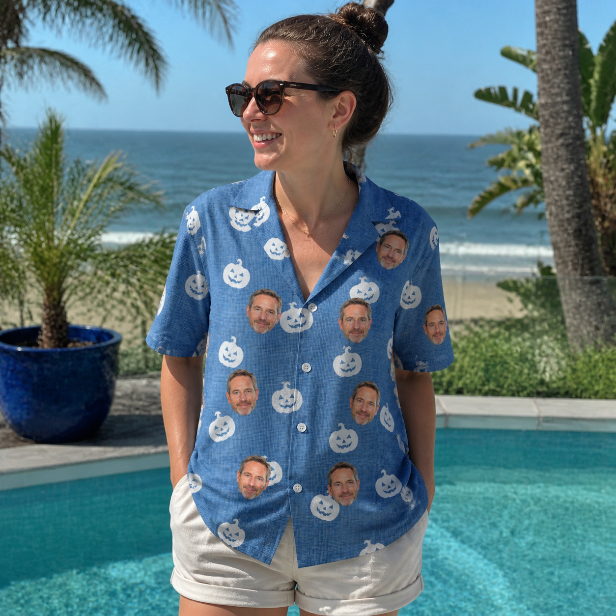 Real-life photo of someone wearing Women's Autumn Orbs Custom Face Hawaiian Shirt — custom faces printed all-over
