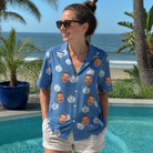 Real-life photo of someone wearing Women's Autumn Orbs Custom Face Hawaiian Shirt — custom faces printed all-over