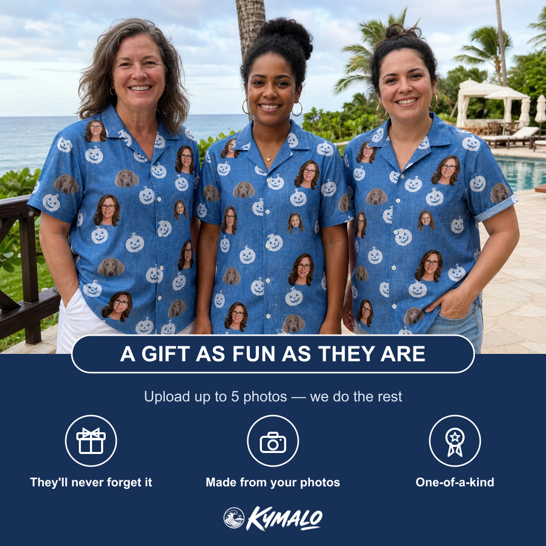 Friends in matching Women's Autumn Orbs Custom Face Hawaiian Shirt — a group gift photo