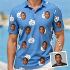 Man wearing Men's Autumn Orbs Custom Face Polo Shirt — custom faces printed all-over