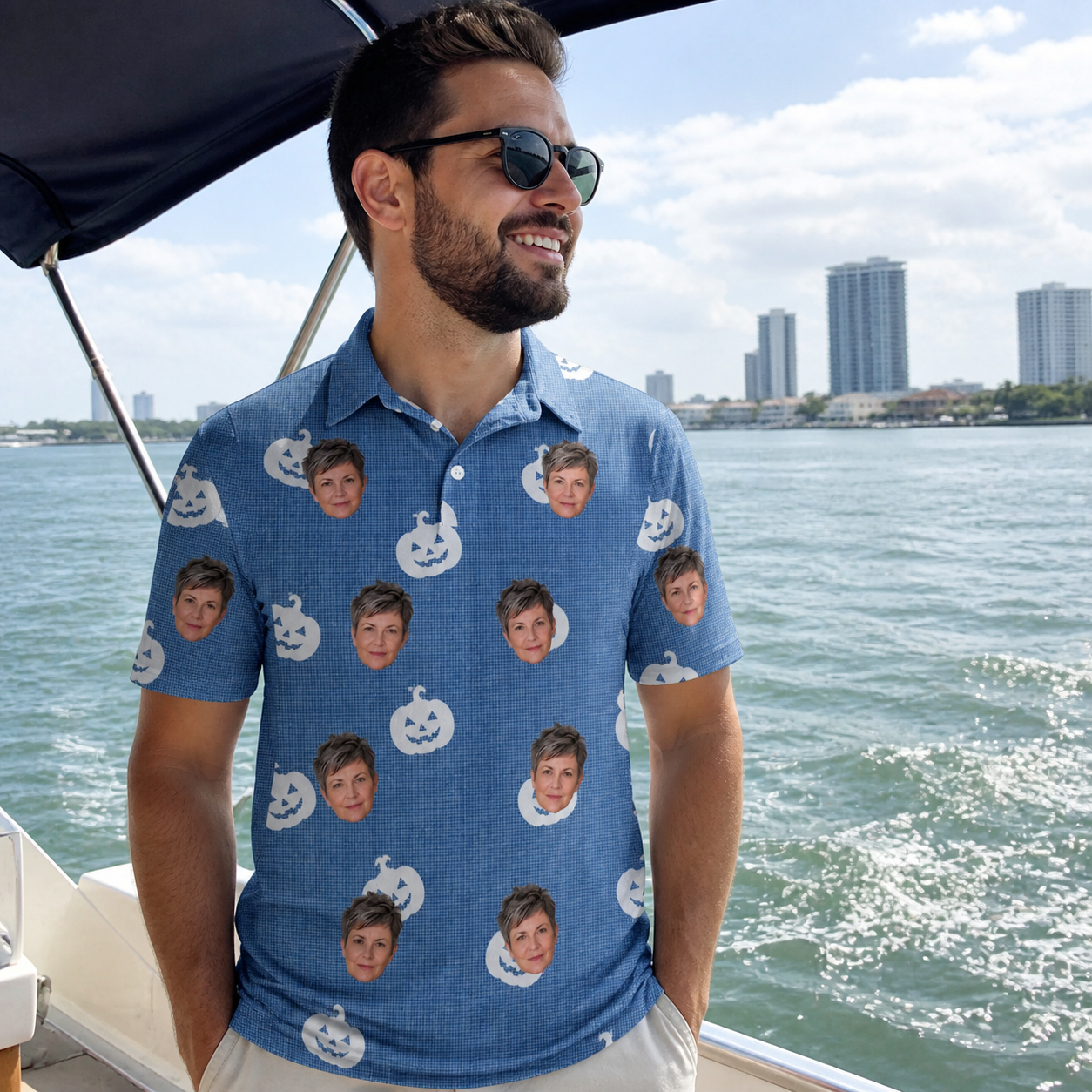 Real-life photo of someone wearing Men's Autumn Orbs Custom Face Polo Shirt — custom faces printed all-over