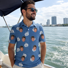 Real-life photo of someone wearing Men's Autumn Orbs Custom Face Polo Shirt — custom faces printed all-over