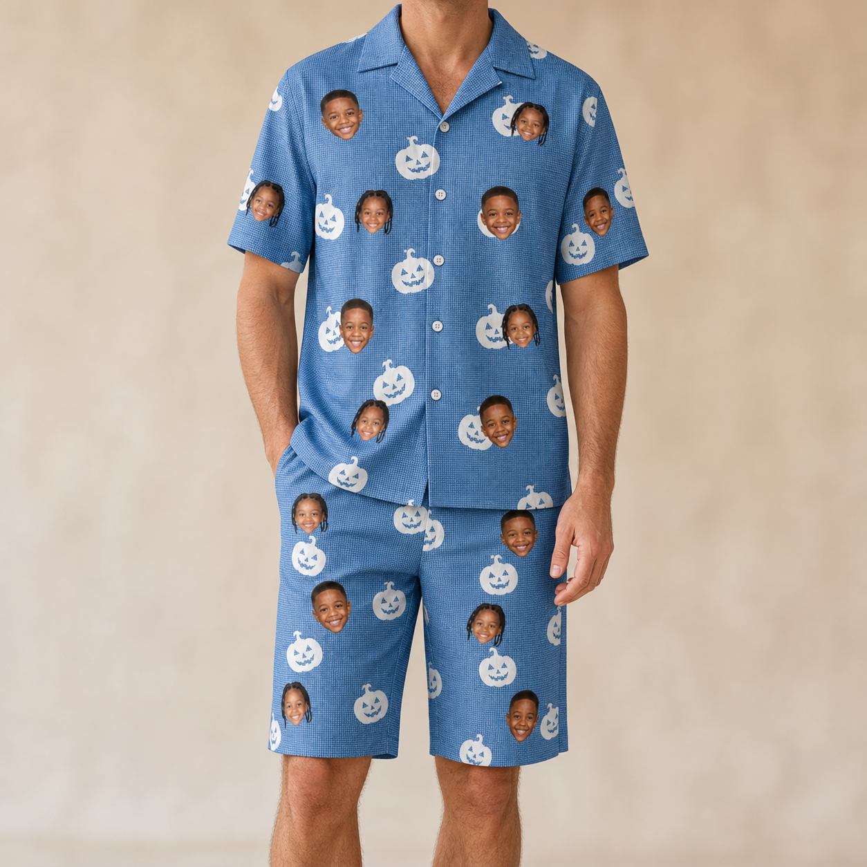 Model wearing Men's Autumn Orbs Custom Face Shirt & Shorts Set printed with kids' faces