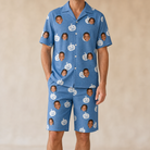 Model wearing Men's Autumn Orbs Custom Face Shirt & Shorts Set printed with kids' faces