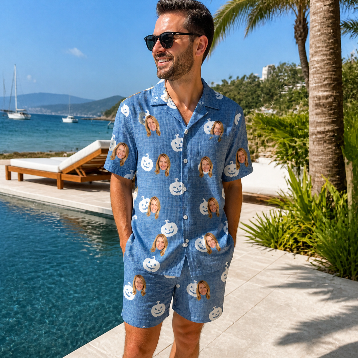 Real-life photo of someone wearing Men's Autumn Orbs Custom Face Shirt & Shorts Set — custom faces printed all-over