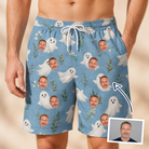 Man wearing Men's Wisp Whimsy Custom Face Beach Shorts — custom faces printed all-over