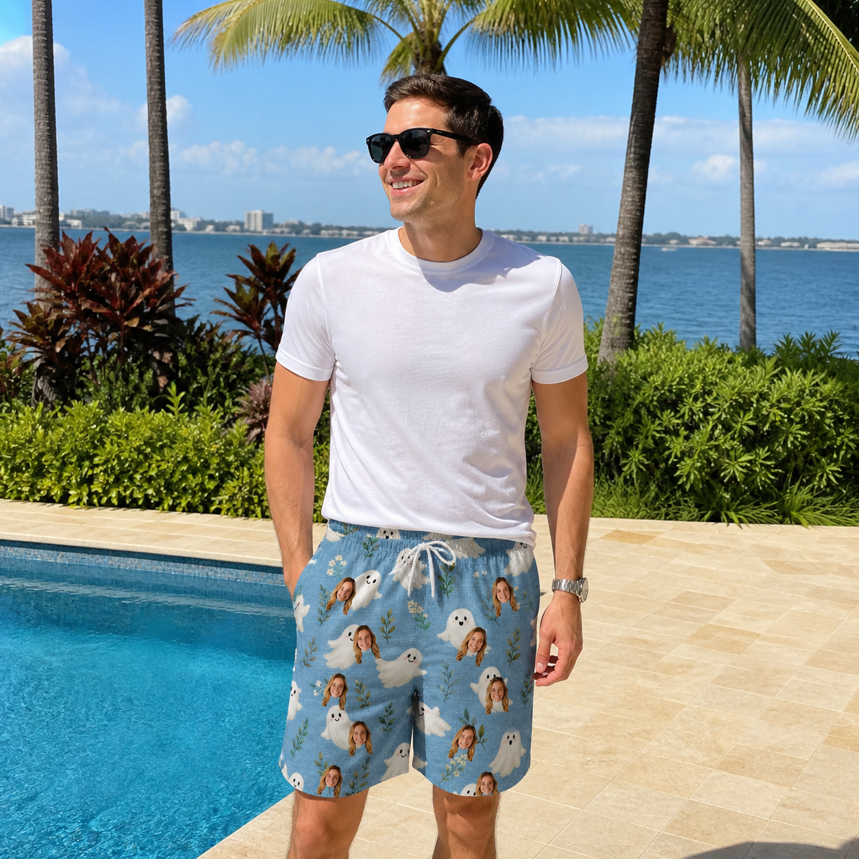 Real-life photo of someone wearing Men's Wisp Whimsy Custom Face Beach Shorts — custom faces printed all-over